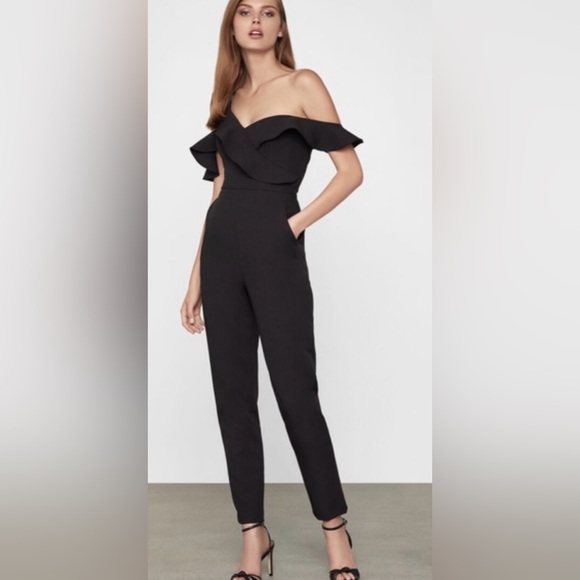NEW 389 BCBG MAXAZRIA JUMPSUIT TOP PANTS BLACK RUFFLE XS - Picture 1 of 4